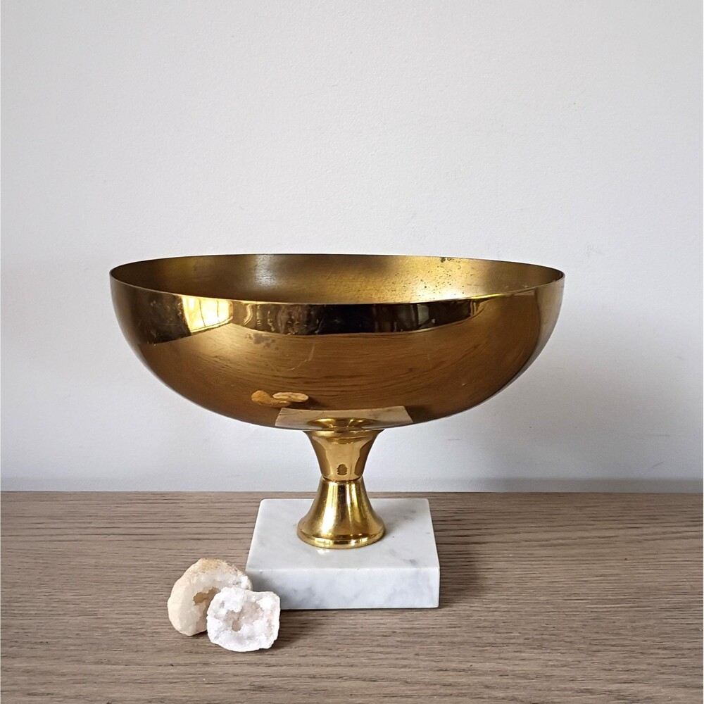 Vintage Marble Brass Footed Compote Bowl Centerpiece Brass Pedestal Planter